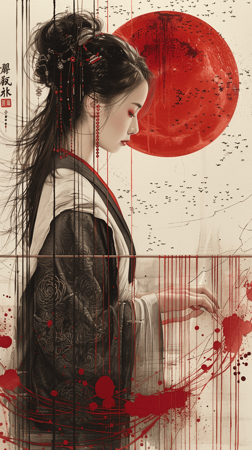 AI generated: female silhouette, working on the loom, in the style of hsiao-ron cheng, historical illustration, zh...