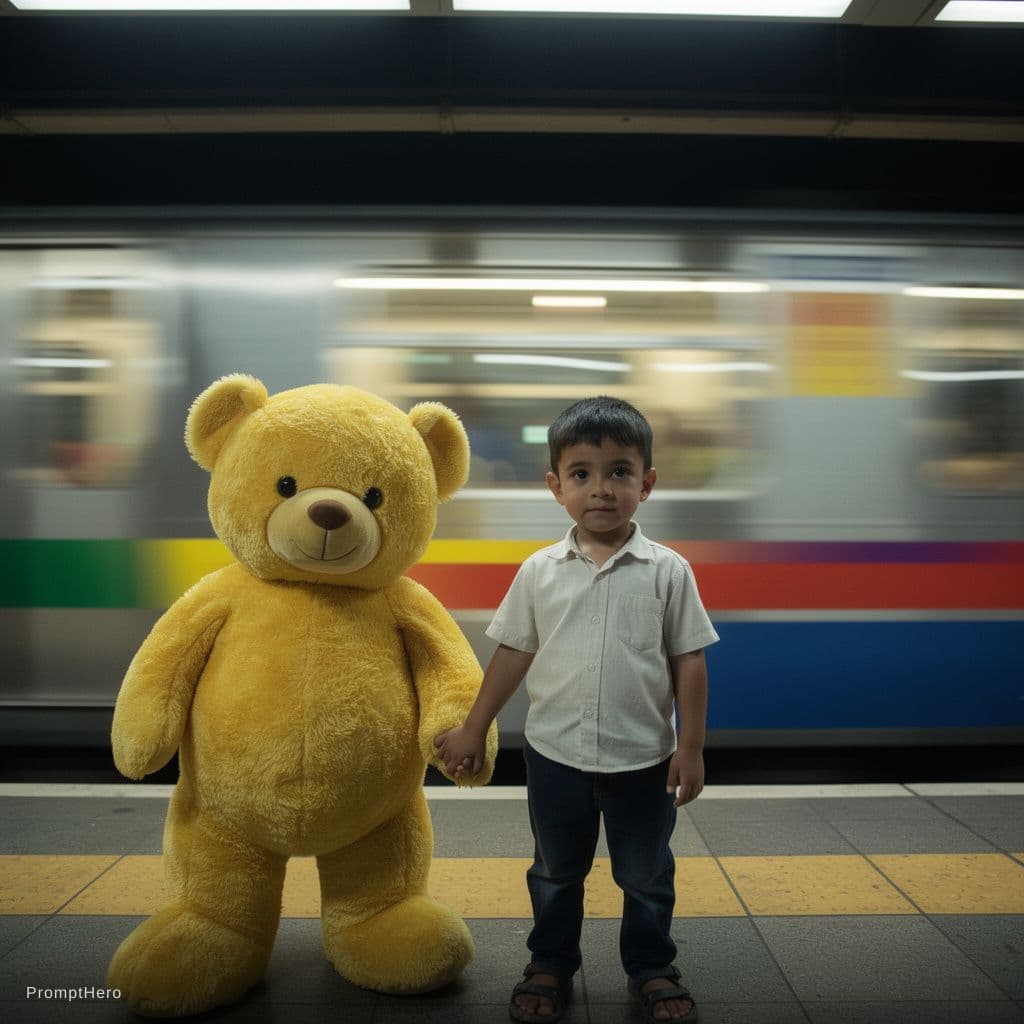 AI generated: photography, little boy and big yellow fluffy bear in a standing still at a subway platform as a blu...
