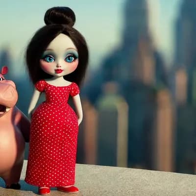AI generated video: Pop surrealism, pop surrealist unreal, whimsical slim and slender full-figure doll with her Giant wh...