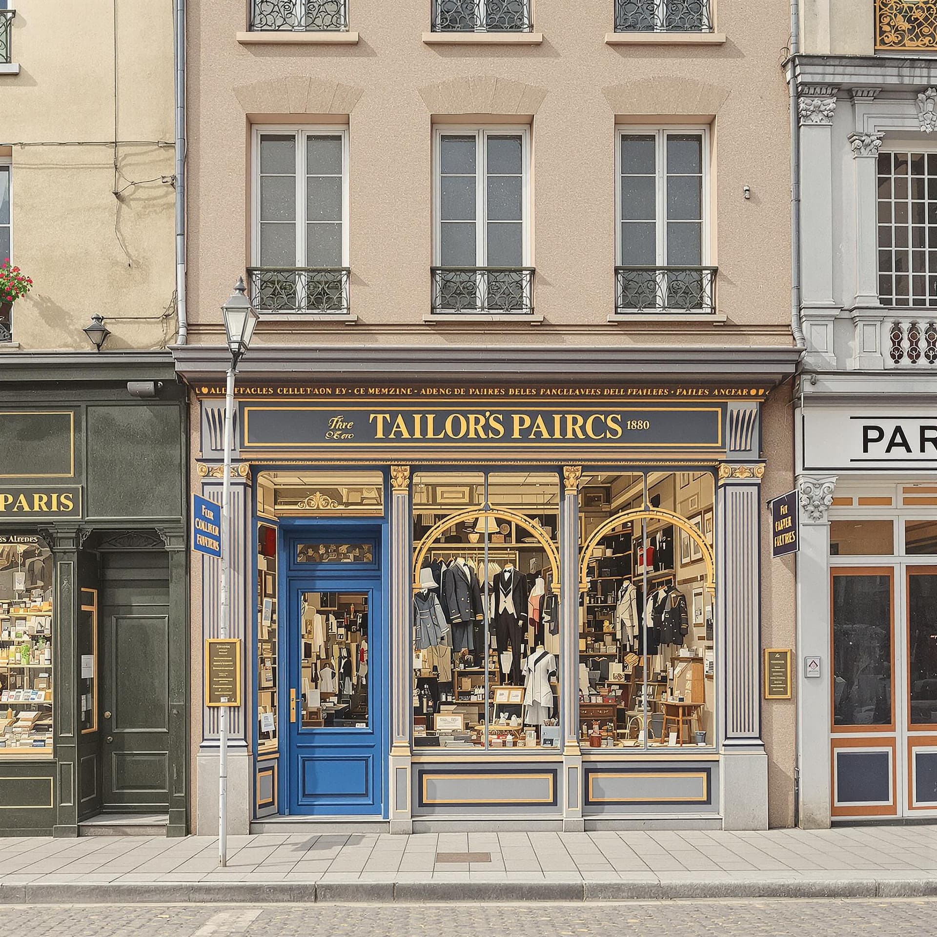 AI generated: Paris 1880, hyperrealistic illustration in colours, a facade of a tailor’s mercery shop, front view,...