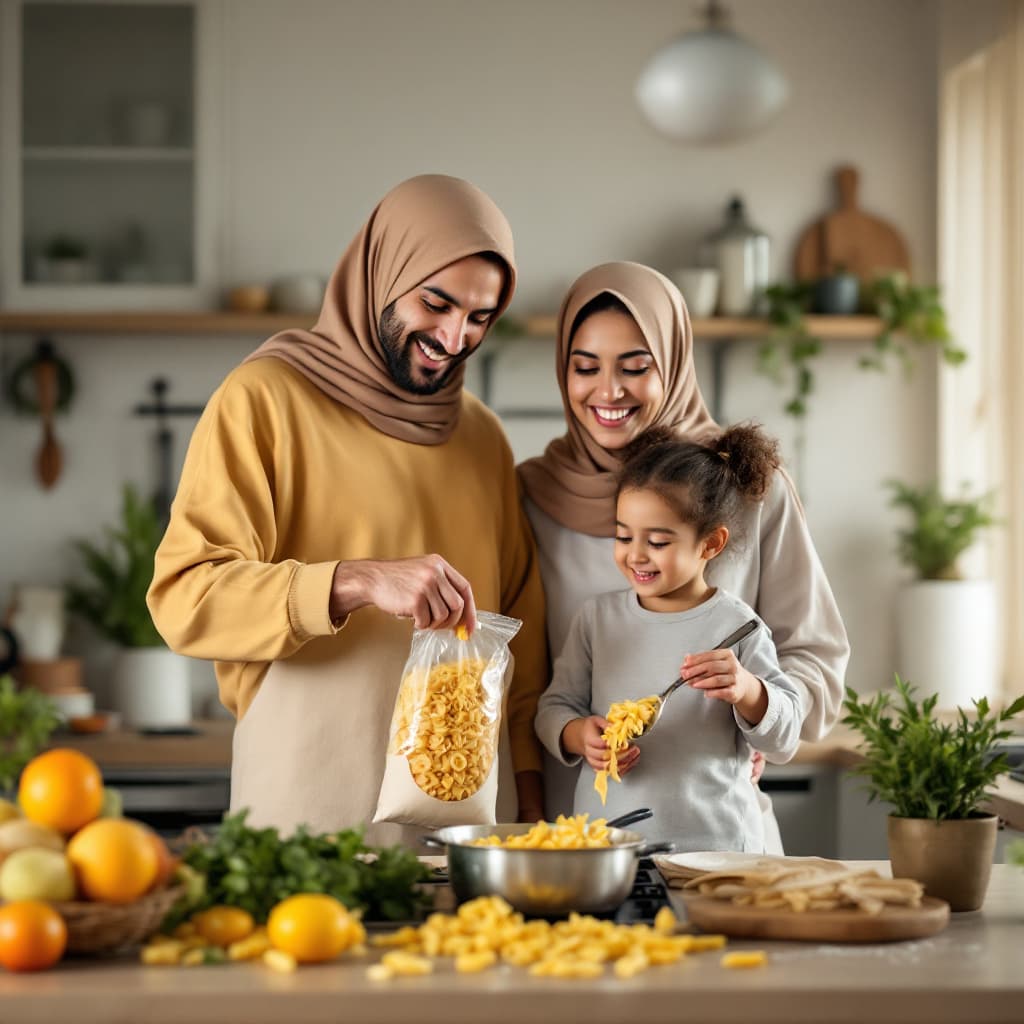 AI generated: Happy arab family standing in the kitchen behind the mother as she cooks with a smile while pouring ...