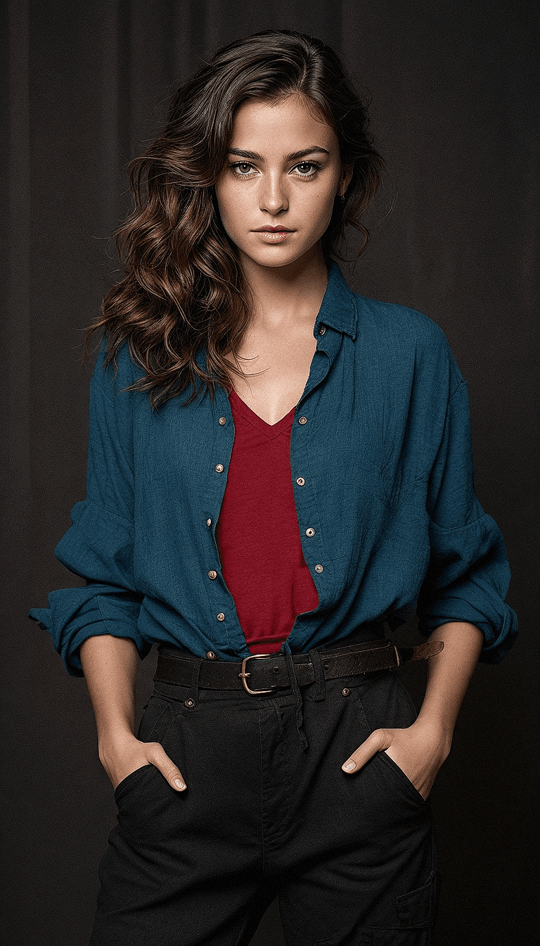 AI generated: A woman wearing a blue denim shirt with a red camisole top, standing in front of a dark curtain. She...