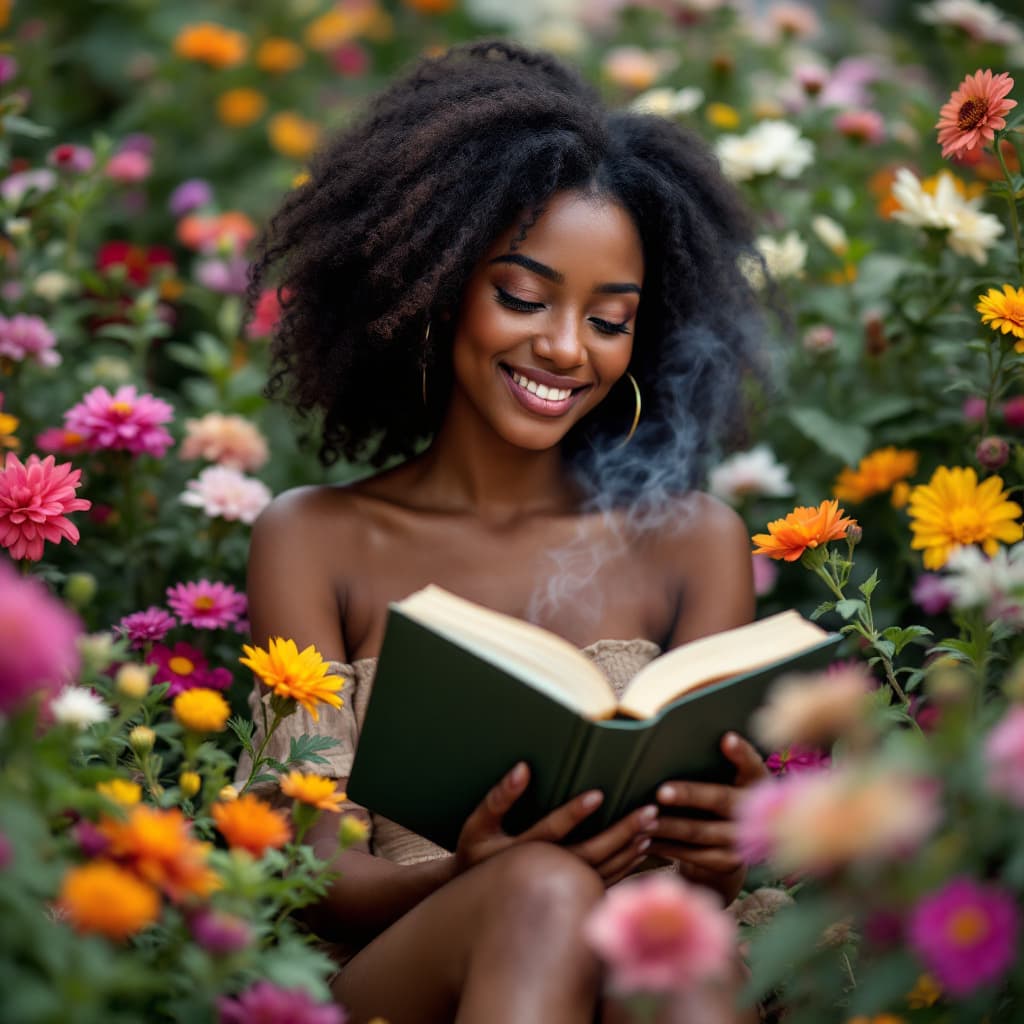 AI generated: Picture of a young dark skin woman in her mid early 20’s sitting in a garden filled with different b...