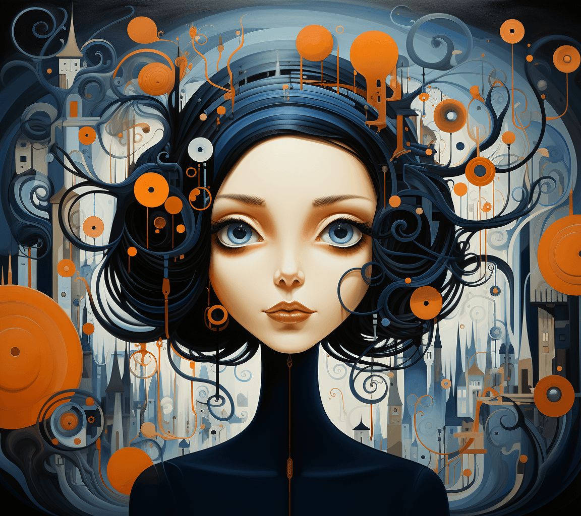 AI generated: the art of the world, in the style of surreal illustrations, dark blue and orange, naturalistic port...