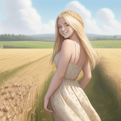 AI generated: portrait. A 20-year-old blonde girl in a light flowered dress walks through a field of eared wheat. ...