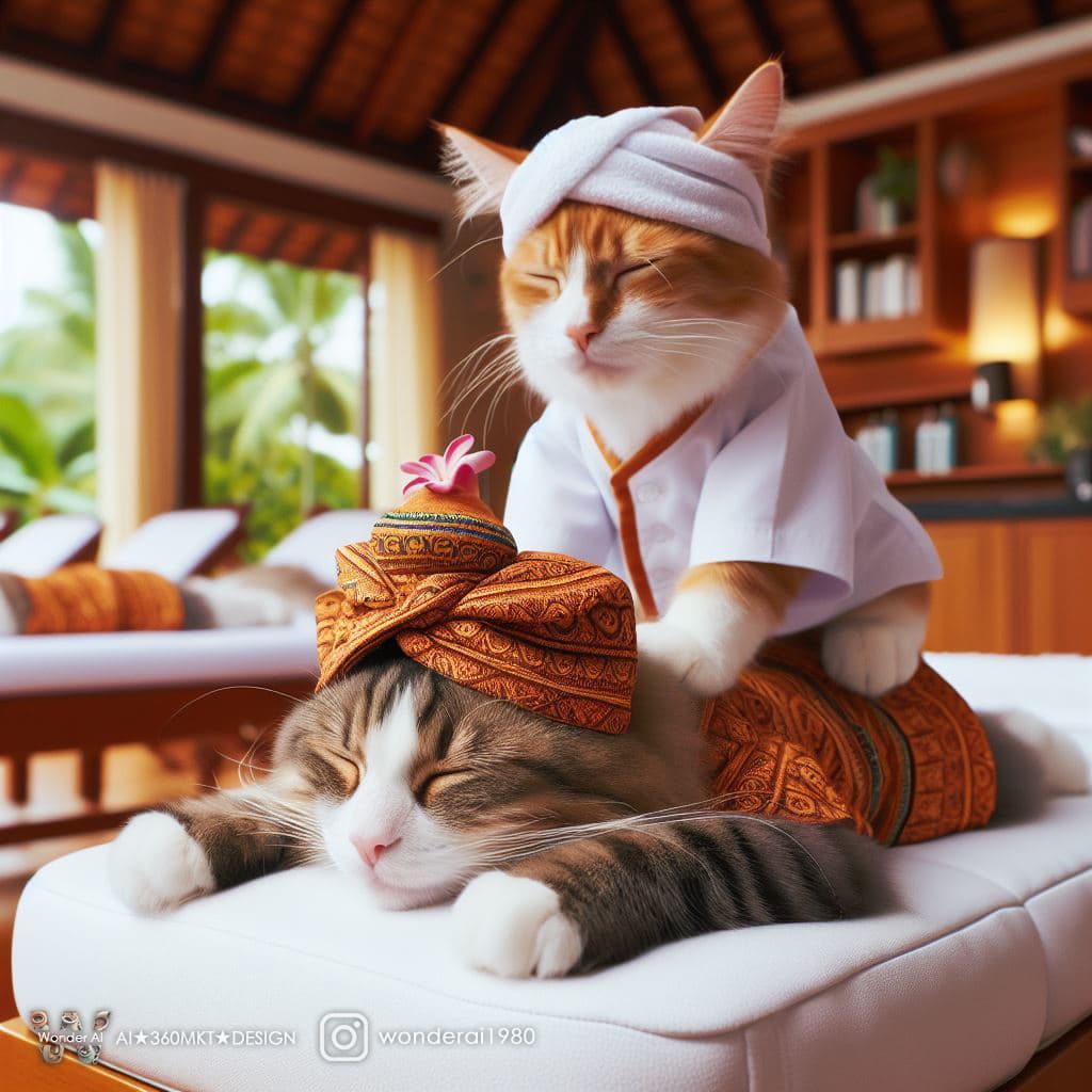 AI generated: adorable cat, wearing a masseuse outfit, massaging another cat dressed in spa attire, comfortably re...