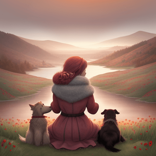 AI generated: Rear view of a lady dressed for winter sitting with her arm around her scruffy dog, both sitting loo...