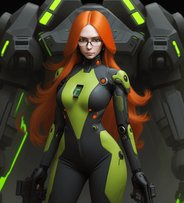 AI generated: Orange long hair, black and green jumpsuit, woman, futuristic tech, glasses, smug, hypnotic, mech su...