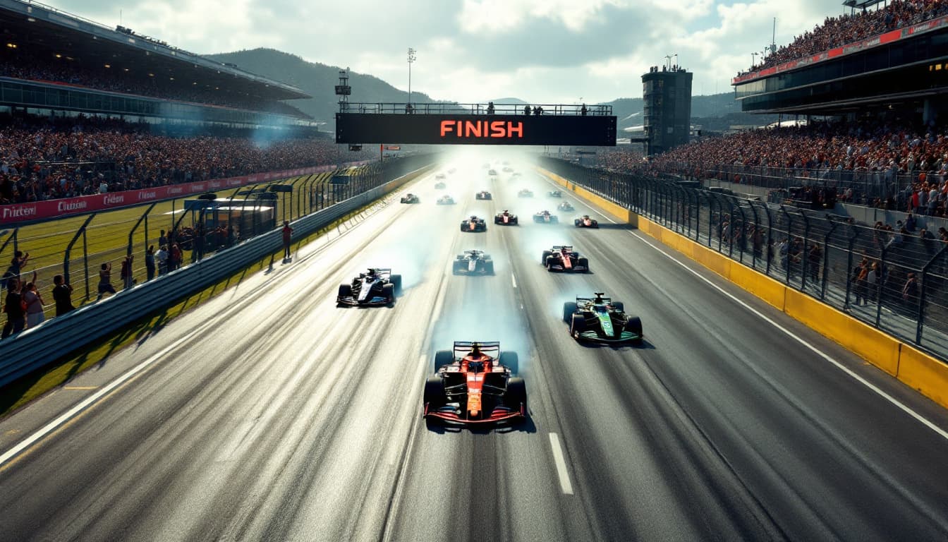 AI generated: The wide track is well lit by sunlight.  Tension is increasing. FINISH Transpost over a wide race tr...