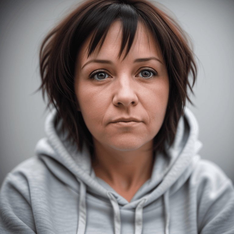 AI generated: hyper realistic headshot photo of a 40 year old girl, wearing a hoodie, short hair,  looking into th...