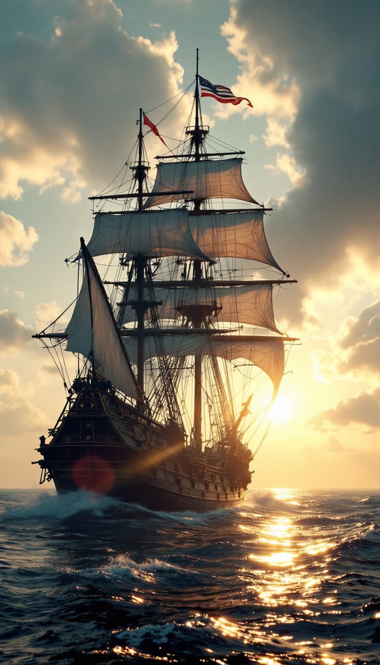 AI generated: Photo of a ultra realistic sailing ship, dramatic light, pale sunrise, cinematic lighting, battered,...