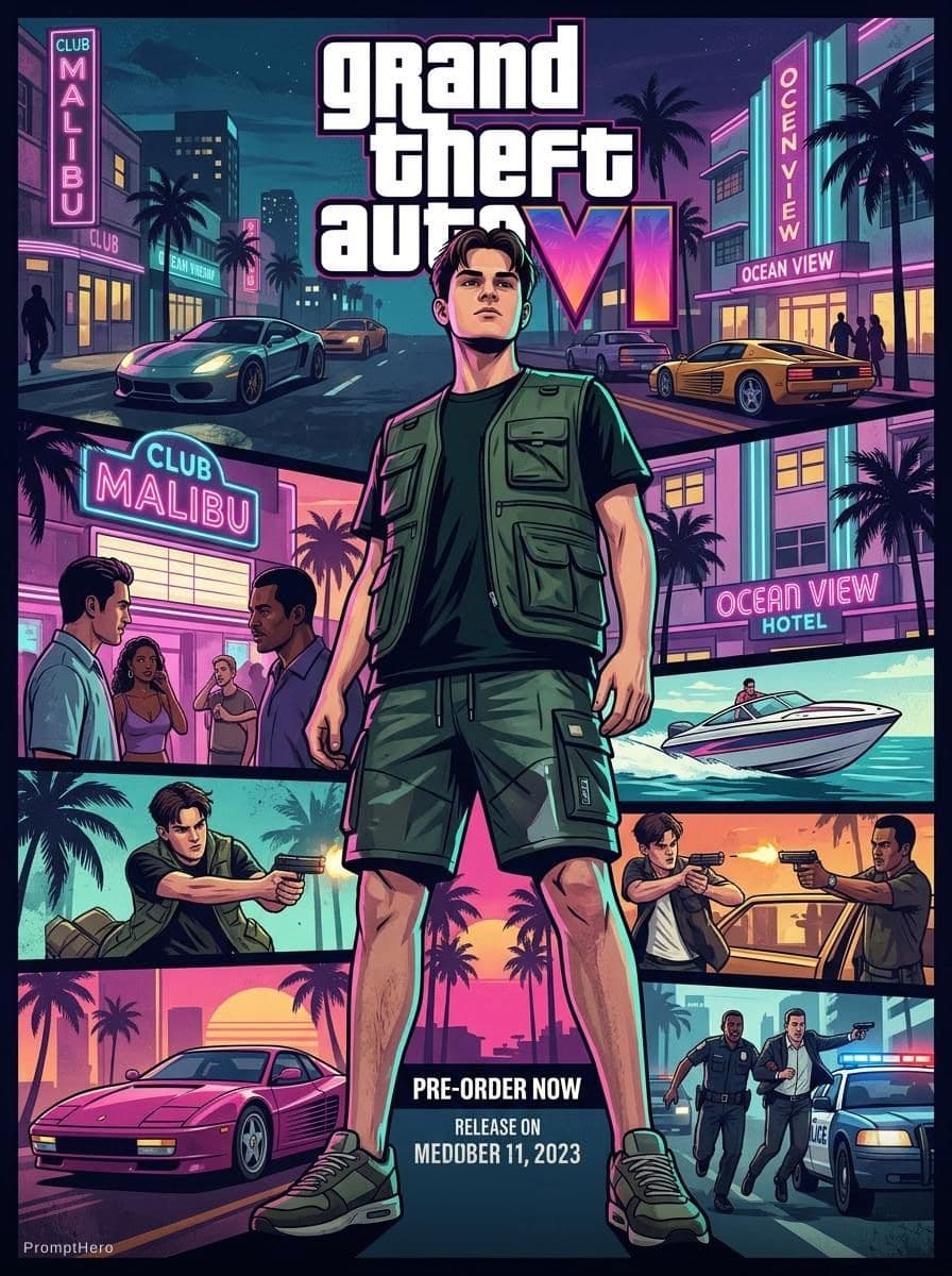 AI generated: Convert this image into a 3:4 official GTA VI-style game poster for the character standing full-body...