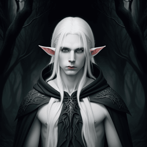 AI generated: Pale elf with white hair and a somber expression wearing a dark cloak. Dark forest background