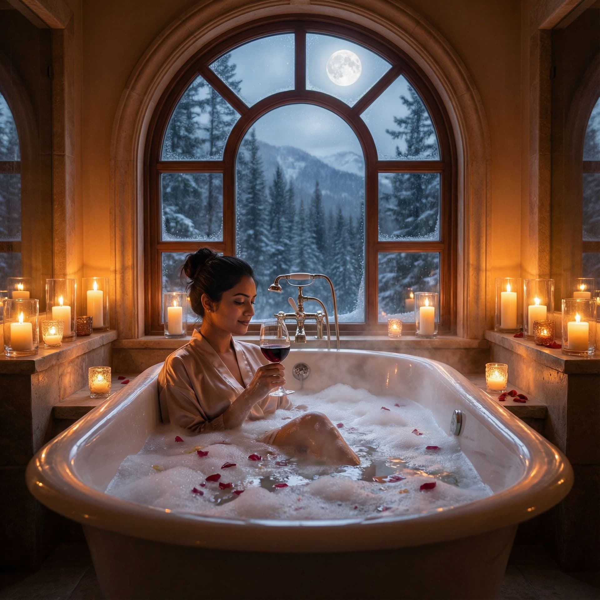 AI generated: Beautiful, mystique, bubble bath inside, candles, rose petals, luxurious Ambiente, big window in bac...