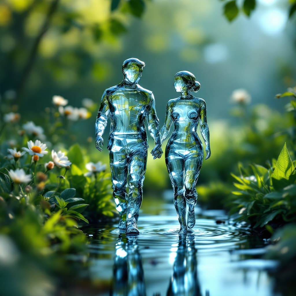 AI generated: A full ultra detailed portrait of a translated droplet. A tiny male and female walking in the lawn j...