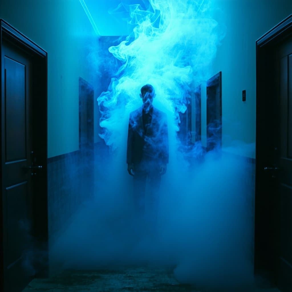 AI generated: surreal and atmospheric image, figure standing in a corridor, disintegrating into wispy, smoke-like ...