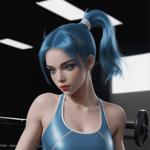 AI generated: seductive ballerina in a gym ,vinyl outfit,dynamic lights,8 k, blue hair, blue eyes, ponytail, flirt...