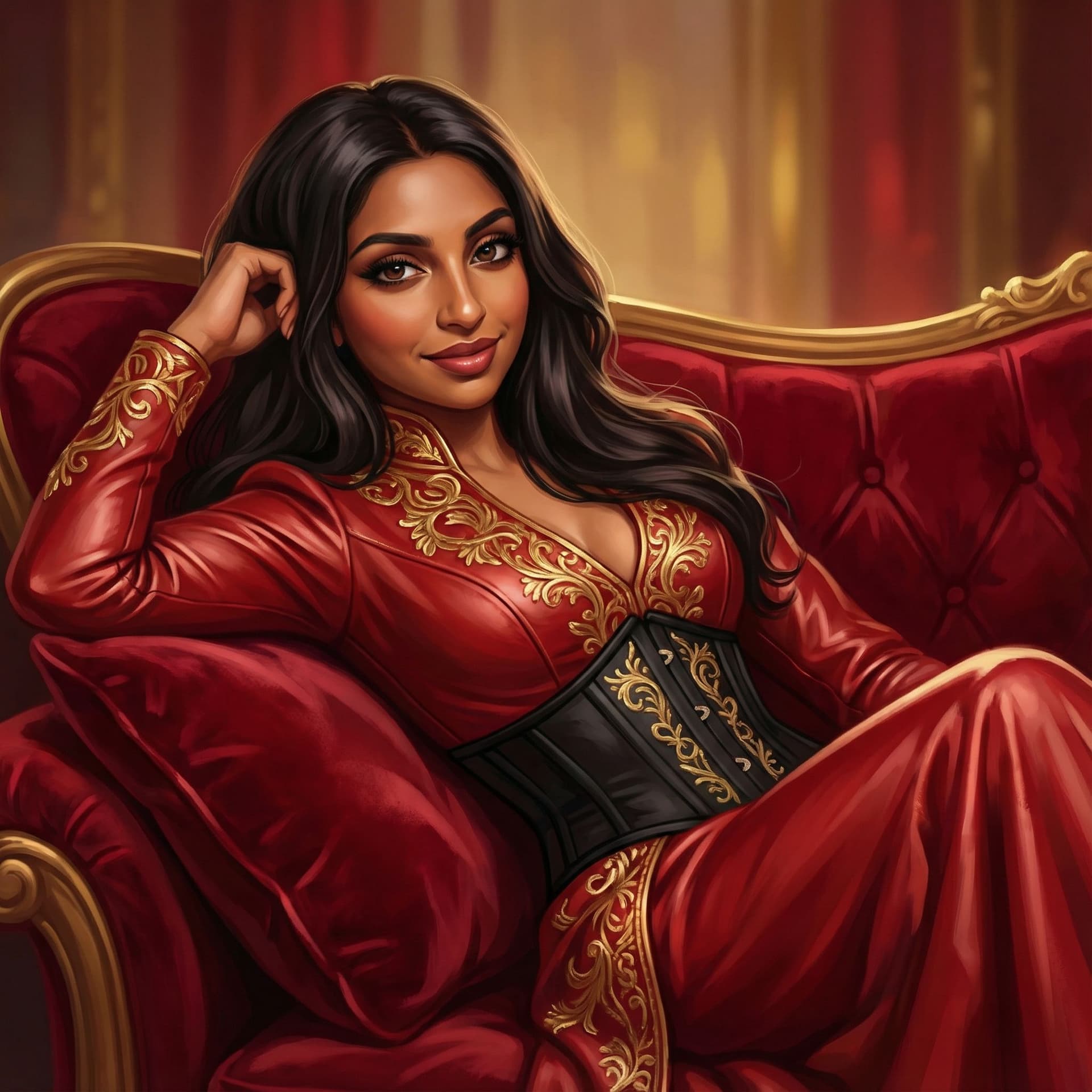 AI generated: stunningly beautiful woman and captivating eyes, wearing an exquisite red leather dress with intrica...