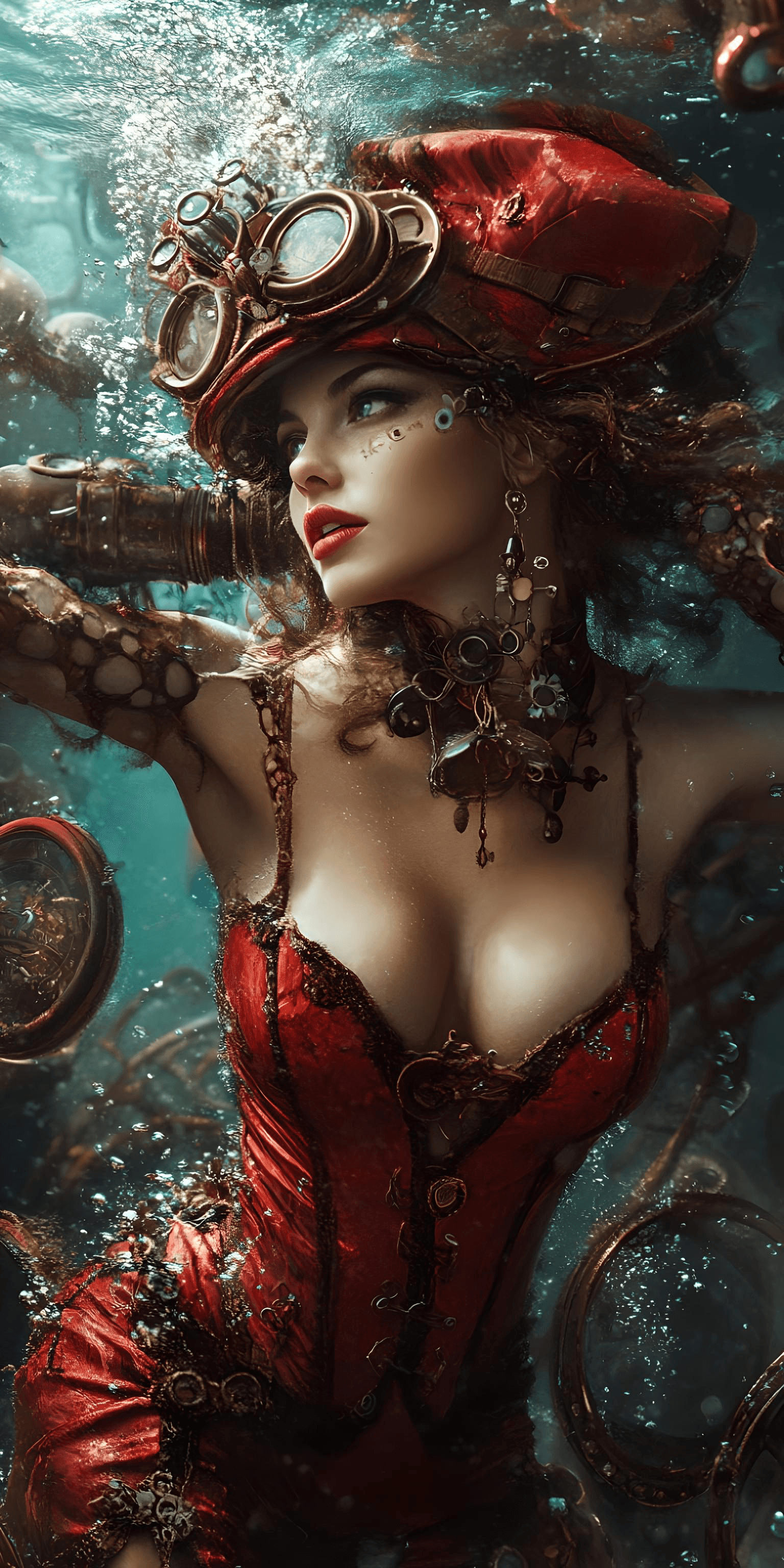 AI generated: A woman in a striking red steampunk-inspired outfit, adorned with intricate lace and metal accents, ...