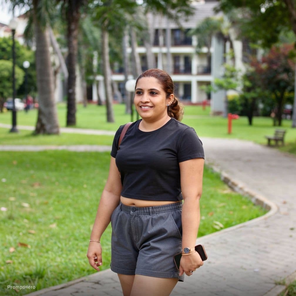 AI generated: Replace the outfit with a booty panty and deep neck crop top. Keep the original face, body shape, po...