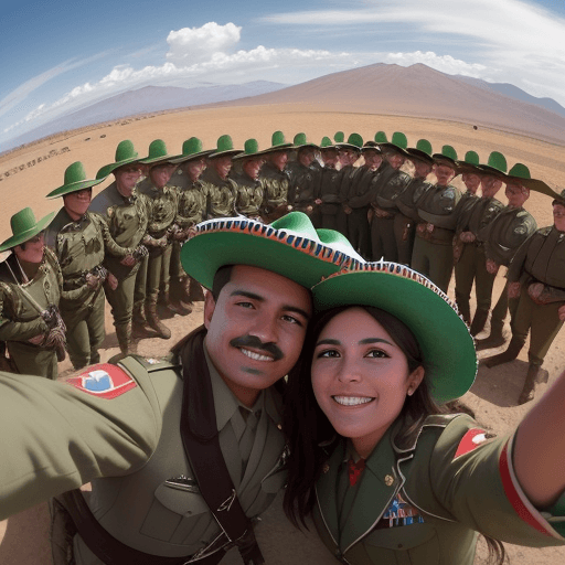 AI generated: GoPro selfie, photorealistic of a group of Mexican soldiers gather for a group photo and they took a...