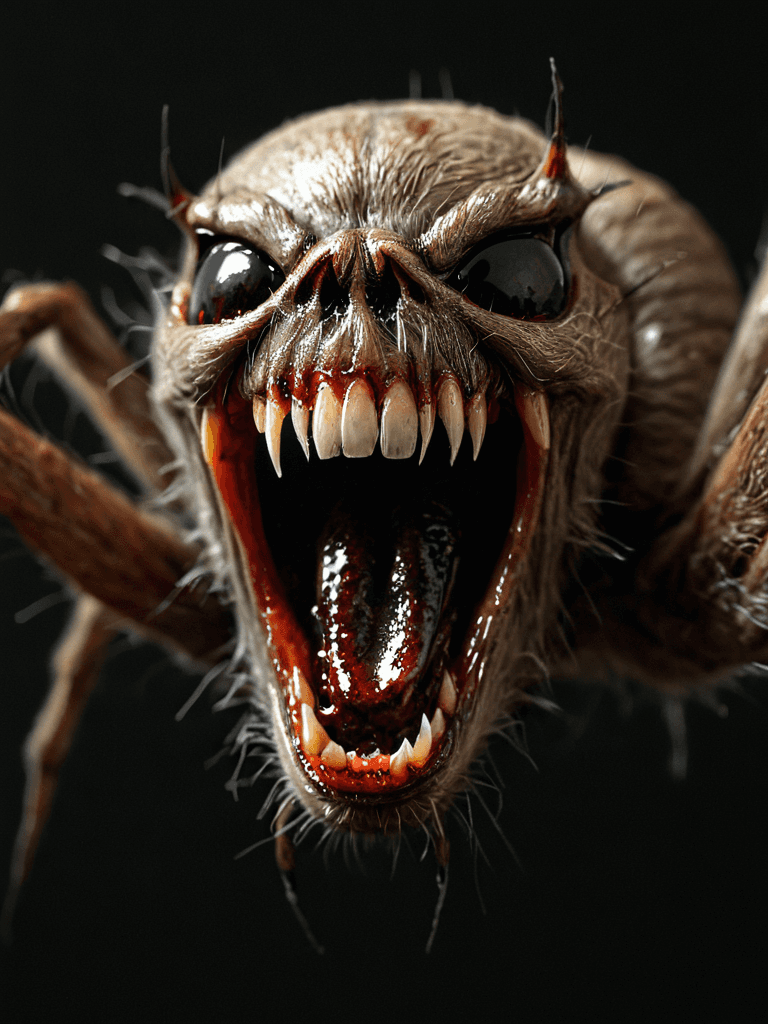 AI generated: realistic creepy old spider, natural light, high detail skin, creepy setting, horror, open mouth wit...