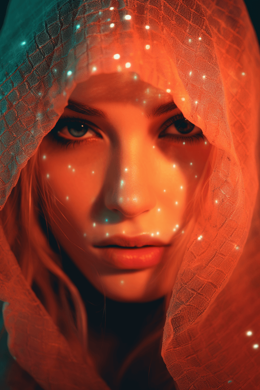 AI generated: digital artwork of a woman with a veil, in the style of neon grids, guy aroch, soft-focus portraits,...