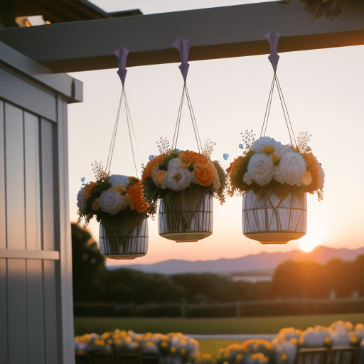 AI generated: Hanging flowers at an outdoor wedding at sunset, film grain, high quality, studio shoot, Nikon D850