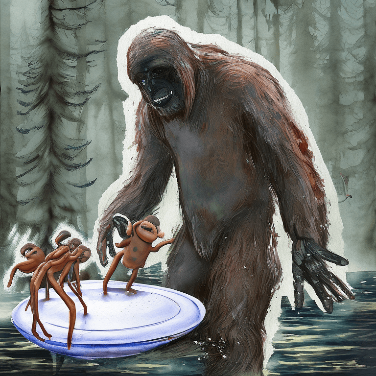 AI generated: High resolution Sasquatch protecting cubs from humans hunters in the dense forests of oregon. splutt...