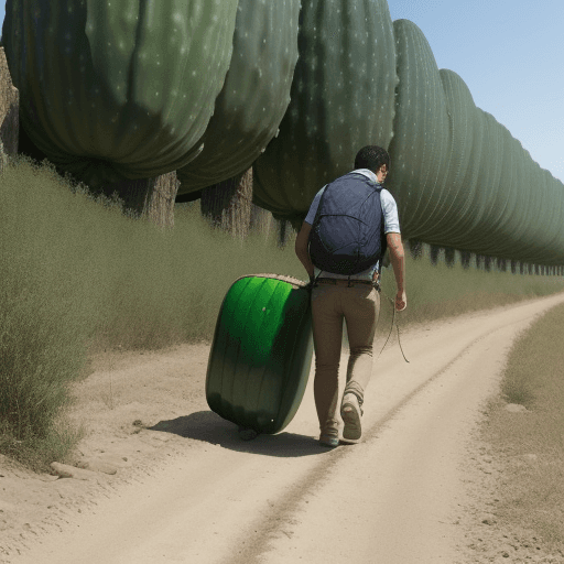 AI generated: un pepino caminando muy enfadado sujetando una escobilla en la mano