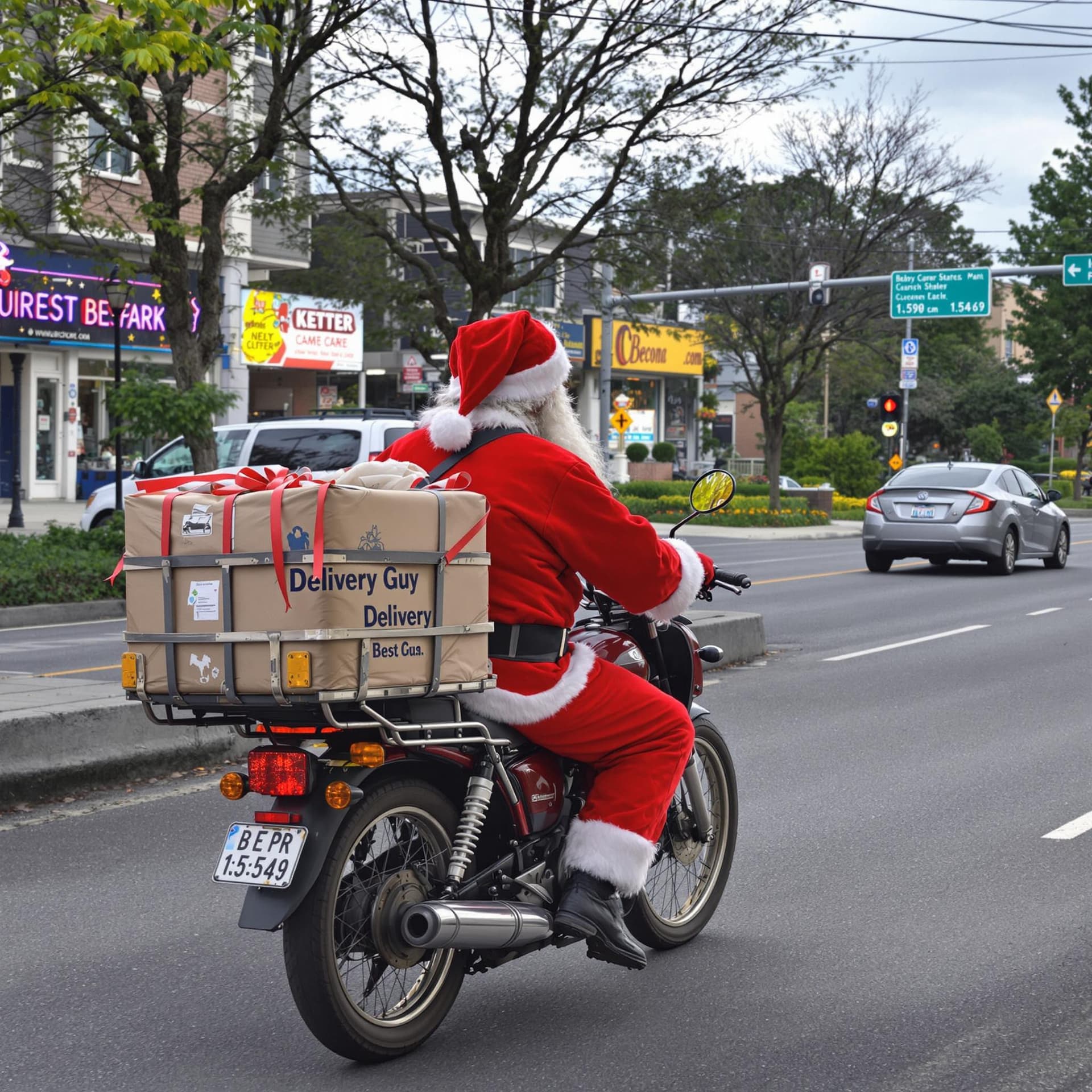 AI generated: santa seating on the back seat of delivery guy bike on the road