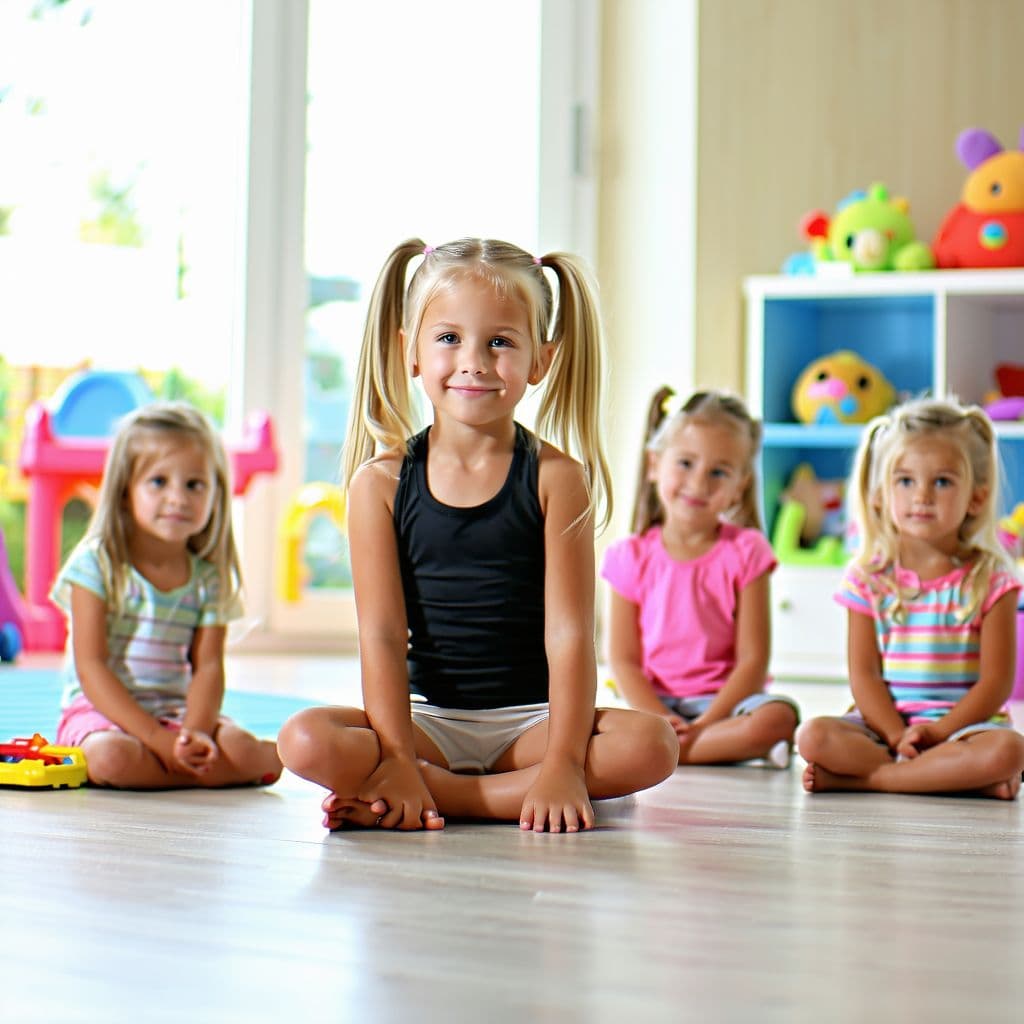 AI generated: several cute 9 year old little girls in her playroom, wearing workout clothes, showing her legs, blo...
