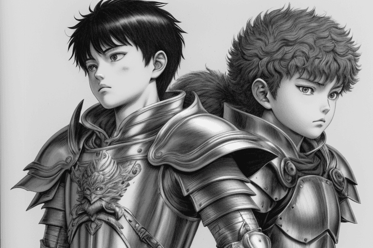 AI generated: monochrome, a little boy, brown hair with tuft, in golden armor, manga, ((without helmet)), berserk ...