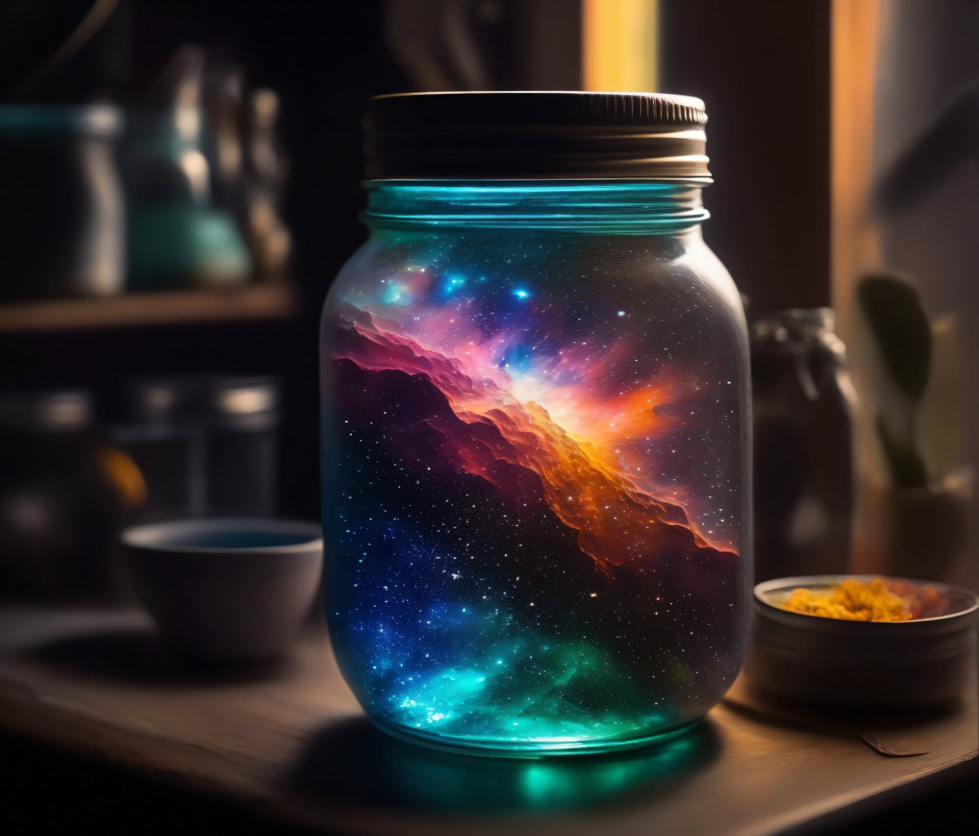 AI generated: (35mmstyle:1. 2), Highly detailed RAW color Photo, top Angle, a nebula in a mason jar, vivid detail,...