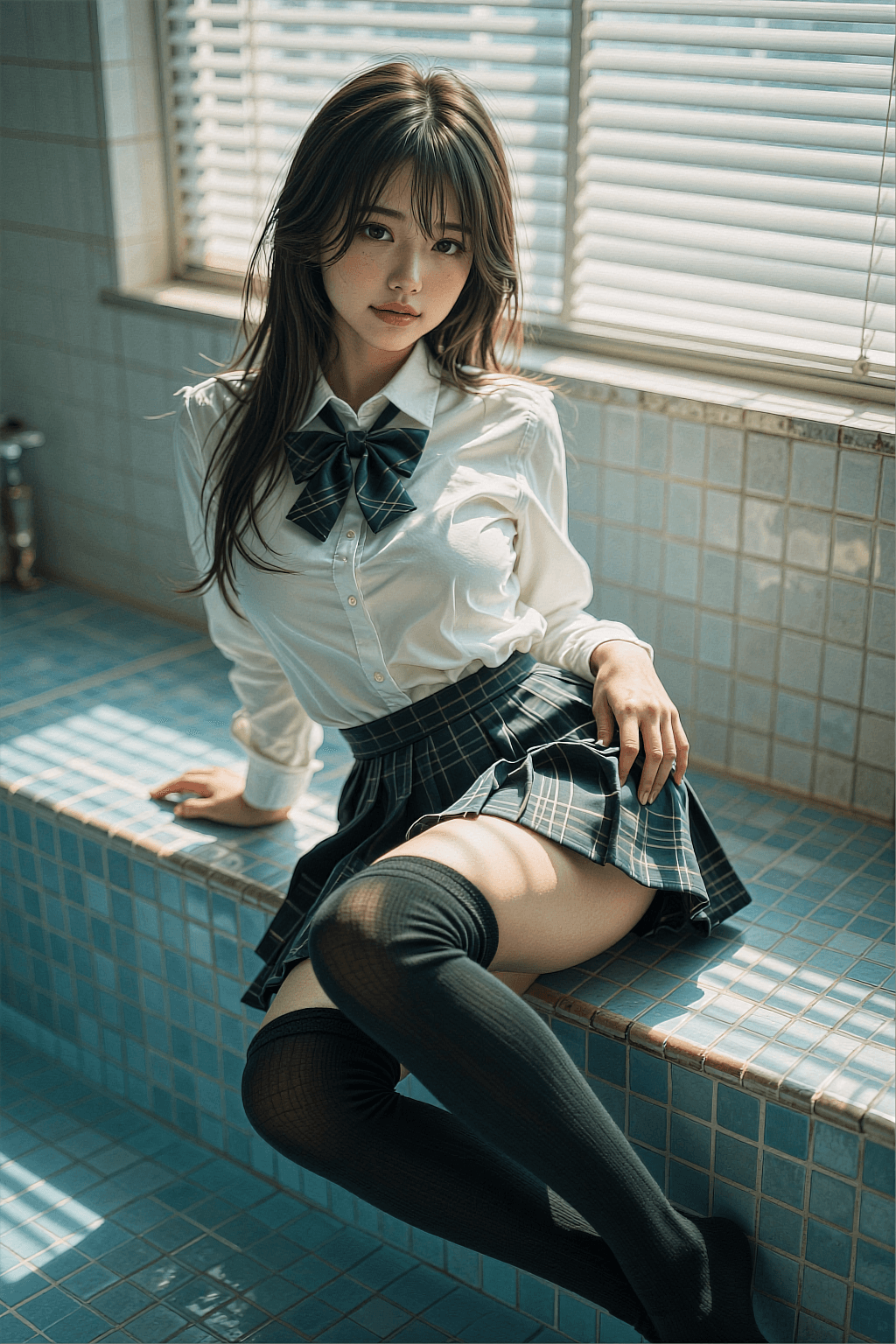 AI generated: A highly detailed, photorealistic, cinematic high-angle medium-full shot of a cute young East Asian ...