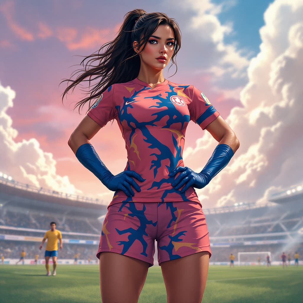 AI generated: A female soccer player wearing a vibrant, anime-inspired jersey, a fusion of Majestic and Reed Richa...