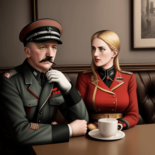 AI generated: A photography of Hitler dressed in a militar uniform drinking cofee in a restaurant with his wife to...