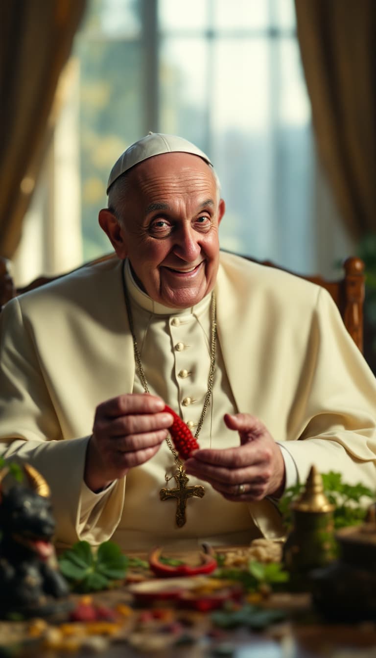 AI generated: A cinematic 16:9 shot of an elderly religious figure, resembling Pope Francis, sitting in a cozy, wa...