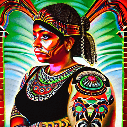 AI generated: beautiful warrior woman, intricately covered in tattoos, (wearing a black tank-top and baggy joggers...