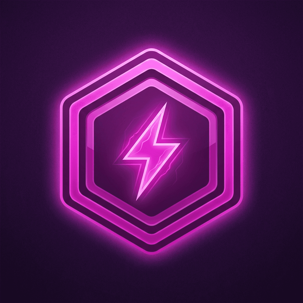 AI generated: glowing geometric hexagon icon, magenta #D946A8 dominant color, dark purple background, 
lightning b...