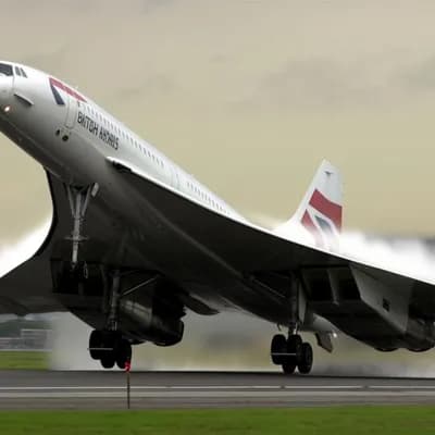 AI generated video: The Concorde jet is taking off on a wet runway with cloudy skies.