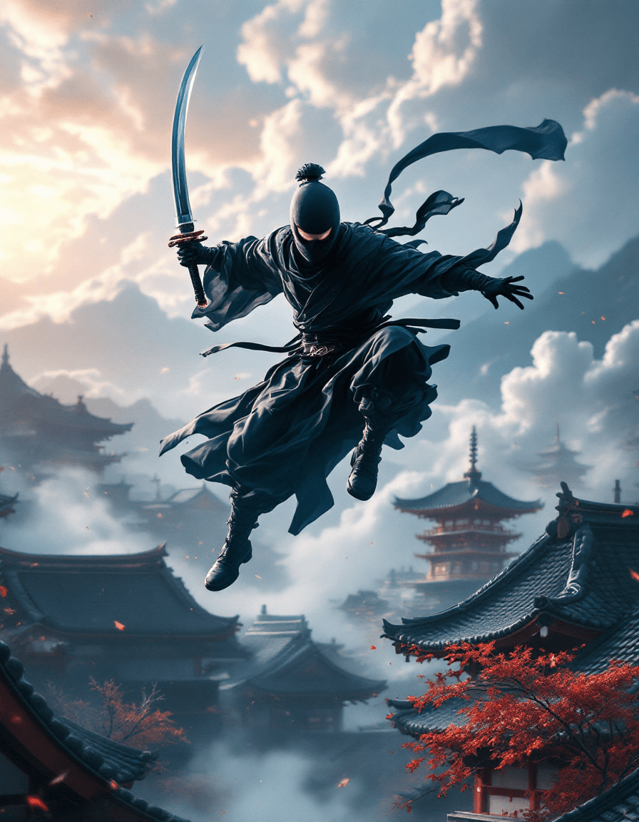 AI generated: ultra high-definition photo of a ninja with a sword drawn floating above the rooftops in ancient Jap...