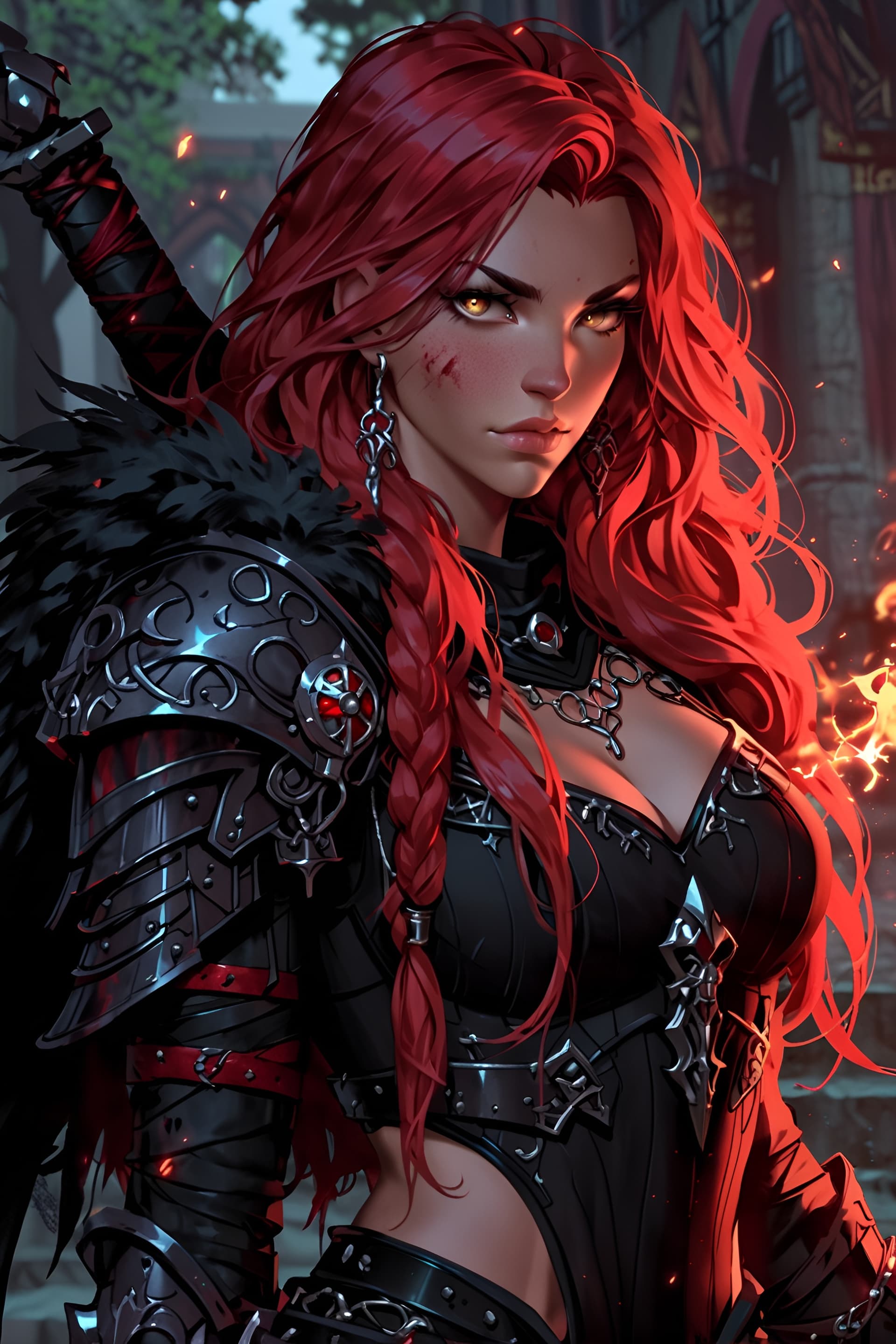 AI generated: A crimson-haired sorceress stands before me, her fiery locks and blazing eyes piercing through the d...