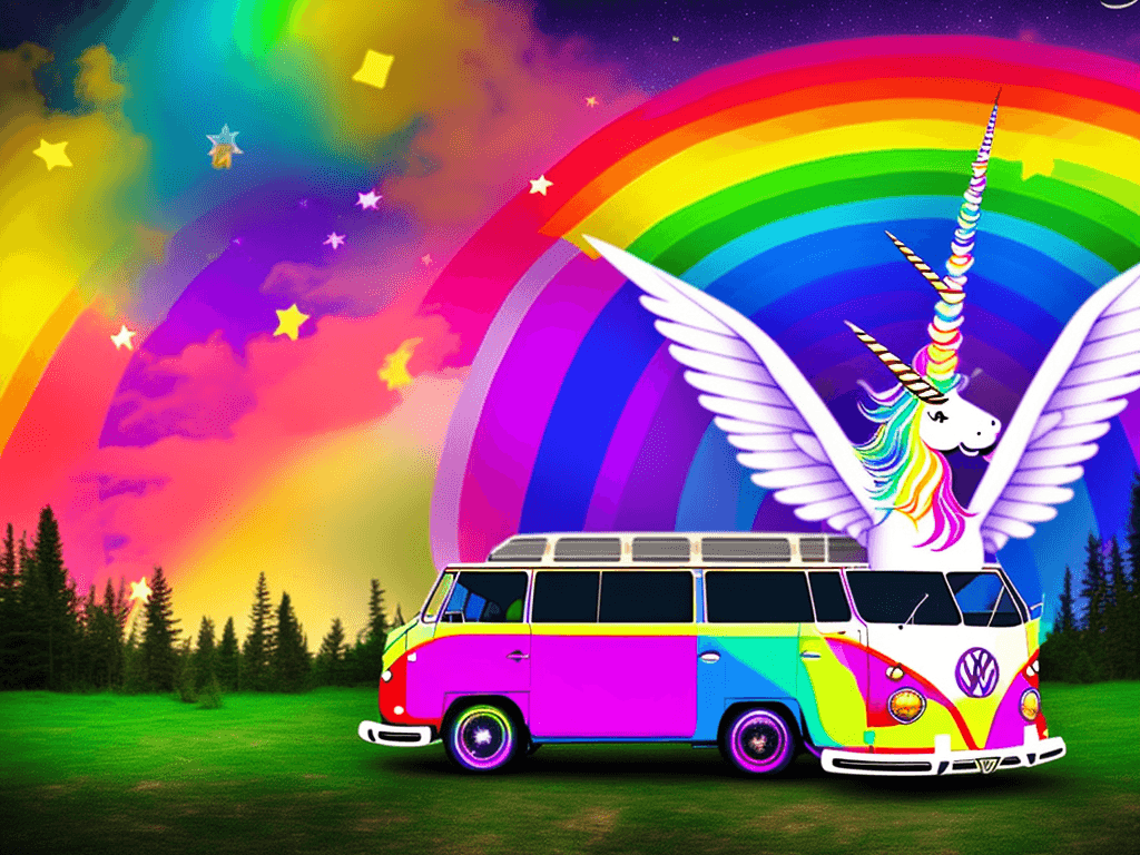 AI generated: rainbow VW bus with unicorn wings in front of campfire under stars