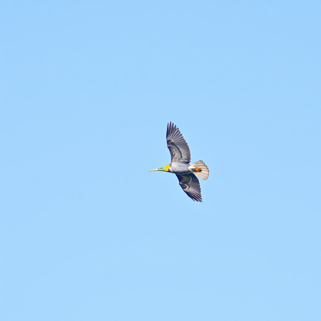 AI generated: A Green bird flying in the blue sky