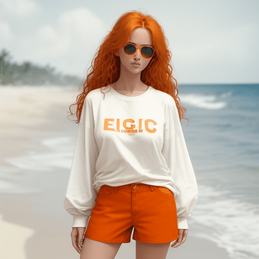 AI generated: female model, middle  wavy hair, orange hair, epic sunglasses, standing with her back to the camera,...