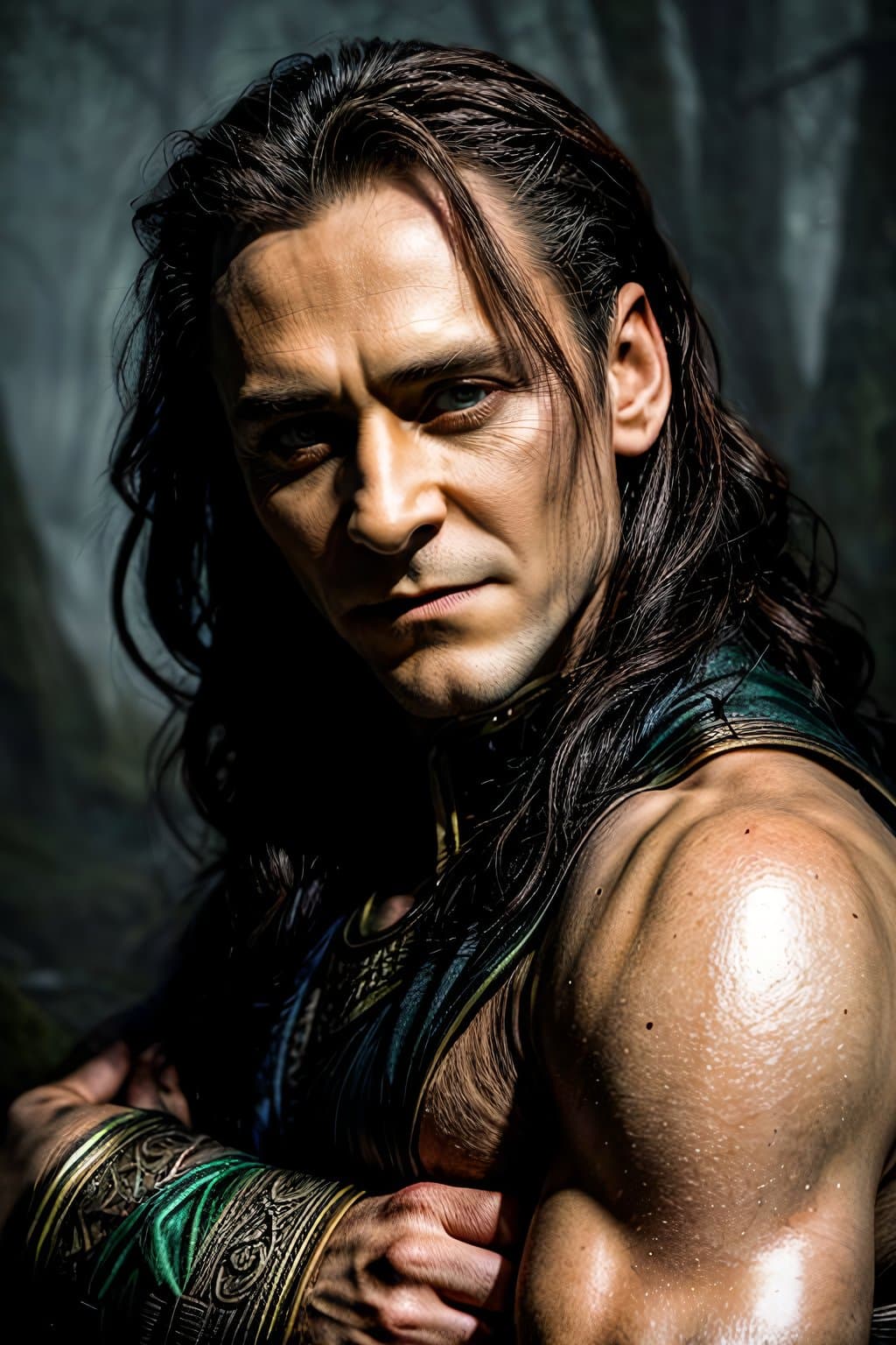 AI generated: Norse god Loki , (sly expression:1. 2) on his face, (Rugged:1. 1) , Handsome, very detailed eyes, Vi...