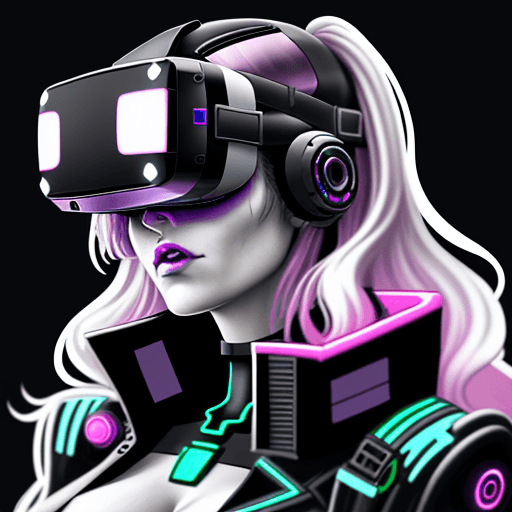 AI generated: A cyber punk woman bust facing forwards with a vr headset on with a crazy look and slightly wavy hai...