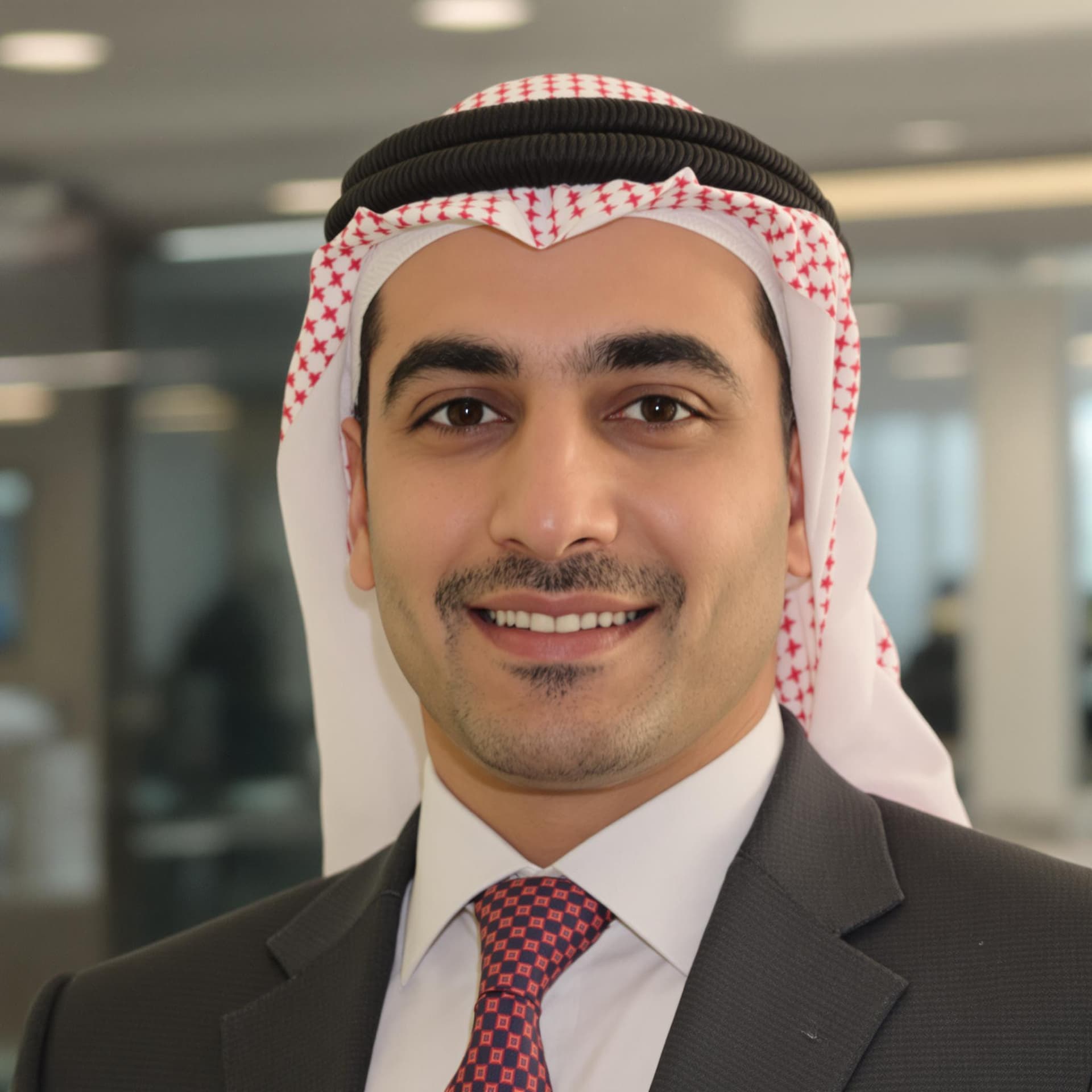 AI generated: clean shaven arab business man posing against office background