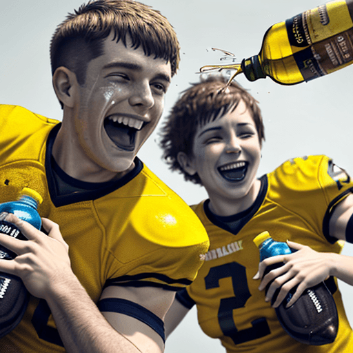 AI generated: two laughing sweaty, caucasian american football players with short cropped hair, squirting yellow m...